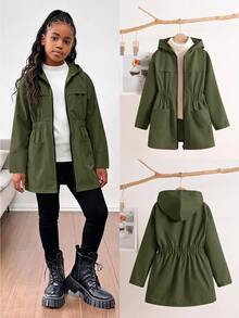 Kids Tween Girls Fashion Casual Autumn Winter Colorblock Zipper Pocket Waist- Mid- Jacket, Autumn, Winter Back To School Halloween Festival - Army Green - View 6