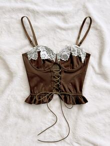 Soleia Women's Lace Camisole Top With Drawstring Tie Cups And 3D Lace - Brown - View 3