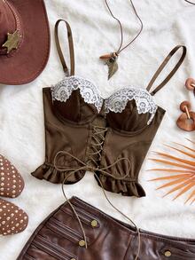 Soleia Women's Lace Camisole Top With Drawstring Tie Cups And 3D Lace - Brown - View 4