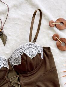 Soleia Women's Lace Camisole Top With Drawstring Tie Cups And 3D Lace - Brown - View 5