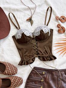 Soleia Women's Lace Camisole Top With Drawstring Tie Cups And 3D Lace - Brown - View 1