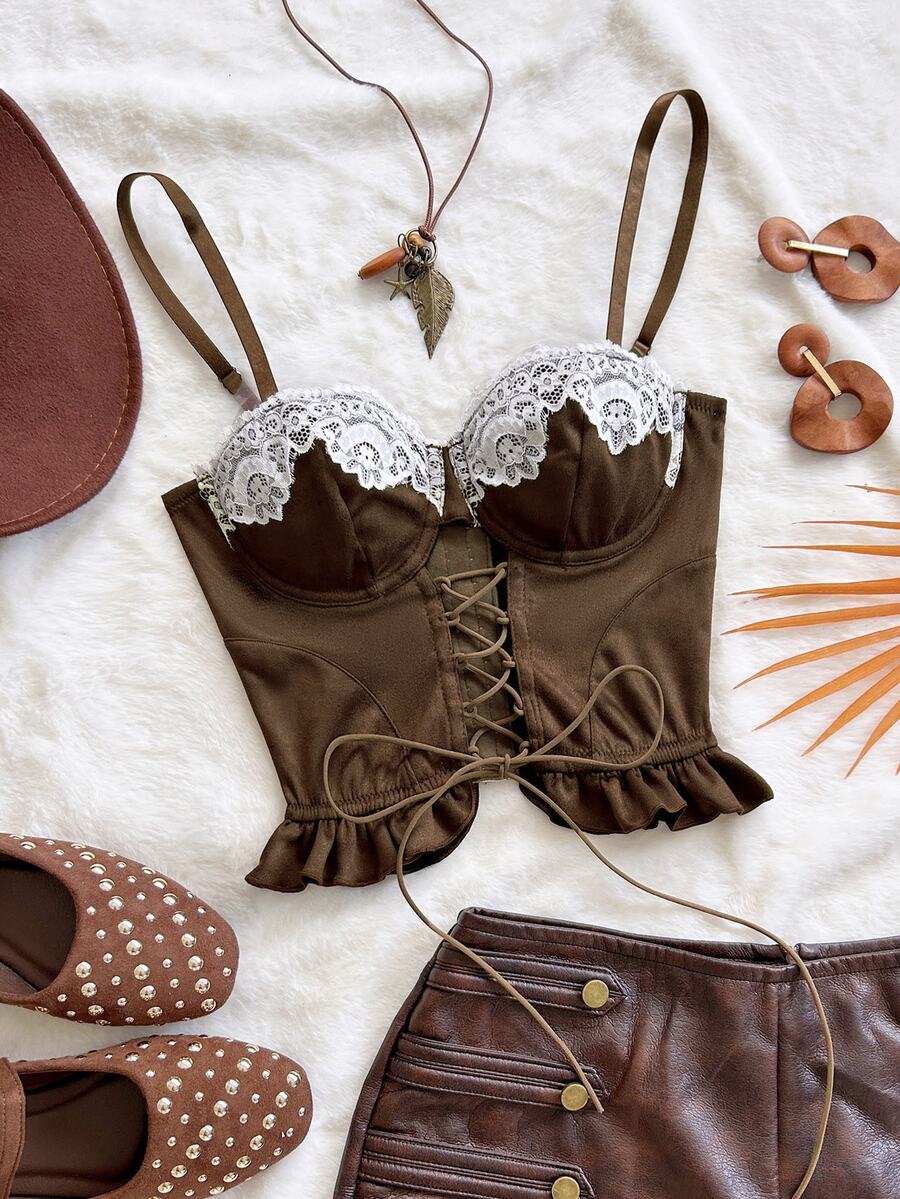 Soleia Women's Lace Camisole Top With Drawstring Tie Cups And 3D Lace - Brown - View 1