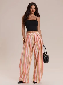 Glamine Autumn Fashion Commuter Striped Curved Leg Pants Beach Pink And White Striped Casual - Multicolor - View 3