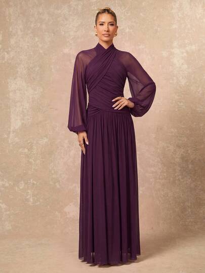 Lumalex Winter FDeep Plum Mesh Dress High Neck Draped Overlay Cape Sleeves Gathered Waist Flowing Hem Elegant Luxury Evening Gown,Festival,Prom