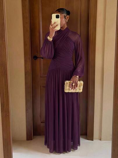 Lumalex Winter FDeep Plum Mesh Dress High Neck Draped Overlay Cape Sleeves Gathered Waist Flowing Hem Elegant Luxury Evening Gown,Festival,Prom