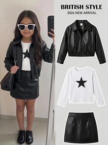 Young Girls Black Lapel Solid Color PU Leather Jacket, Short Casual Jacket, Cool Street Style Sports Riding PU Zipper Jacket, Black Versatile Outerwear, Back To School - Black - View 7