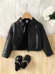 Young Girls Black Lapel Solid Color PU Leather Jacket, Short Casual Jacket, Cool Street Style Sports Riding PU Zipper Jacket, Black Versatile Outerwear, Back To School - Black - View 6