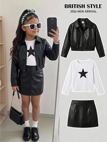 Young Girls Black Lapel Solid Color PU Leather Jacket, Short Casual Jacket, Cool Street Style Sports Riding PU Zipper Jacket, Black Versatile Outerwear, Back To School - Black - View 8