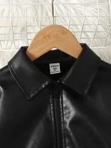Young Girls Black Lapel Solid Color PU Leather Jacket, Short Casual Jacket, Cool Street Style Sports Riding PU Zipper Jacket, Black Versatile Outerwear, Back To School - Black - View 3