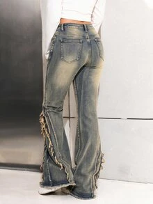SHEIN Teen Girls Y2K Fashionable Black Stonewashed Denim Flare-Leg Jeans Pants With Side Frayed Hem Fall Winter - Dark Wash - View 2