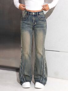 SHEIN Teen Girls Y2K Fashionable Black Stonewashed Denim Flare-Leg Jeans Pants With Side Frayed Hem Fall Winter - Dark Wash - View 5