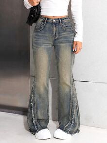 SHEIN Teen Girls Y2K Fashionable Black Stonewashed Denim Flare-Leg Jeans Pants With Side Frayed Hem Fall Winter - Dark Wash - View 7