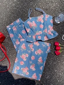 Muchica Women's Floral Print Camisole Top And Long Pants Casual Daily Denim Set Work Outfits For Women - Multicolor - View 7