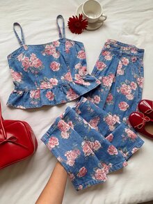 Muchica Women's Floral Print Camisole Top And Long Pants Casual Daily Denim Set Work Outfits For Women - Multicolor - View 4