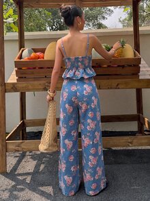 Muchica Women's Floral Print Camisole Top And Long Pants Casual Daily Denim Set Work Outfits For Women - Multicolor - View 2