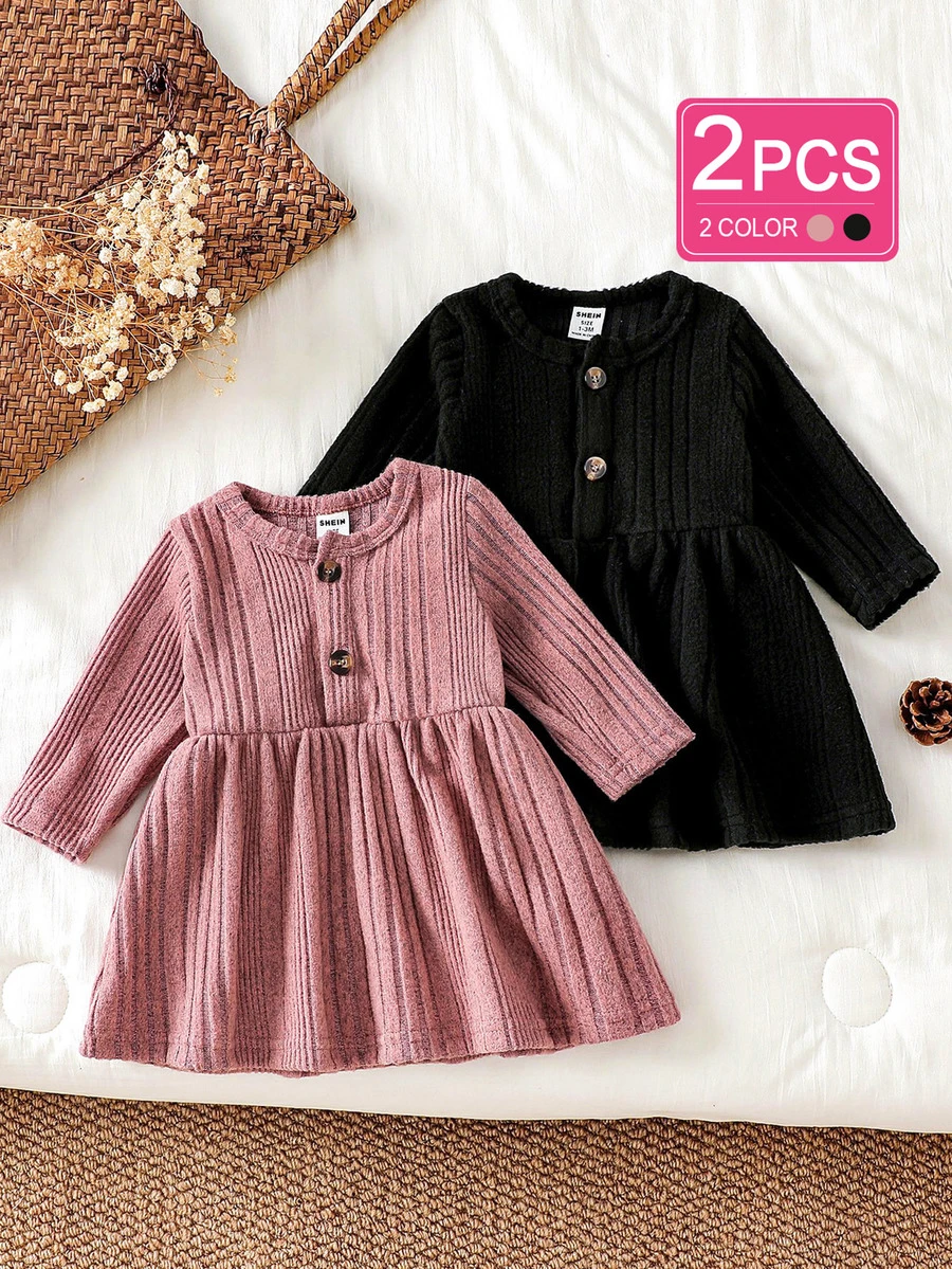 SHEIN Vintaside Kids 2pcs Baby Girl Ribbed Knit Dress Cute Sweet Pink Black Single Breasted Pleated Long Sleeve Round Neck Regular Birthday Party Fall Ballet Cozy A Line