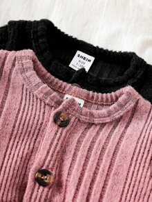 SHEIN Vintaside Kids 2pcs Baby Girl Ribbed Knit Dress Cute Sweet Pink Black Single Breasted Pleated Long Sleeve Round Neck Regular Birthday Party Fall Ballet Cozy A Line - Multicolor - View 5