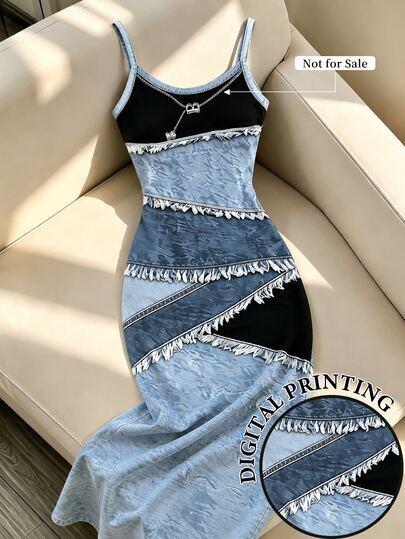 Resyla Women Colour-Blocked, Digital-Print, Spaghetti-Strap, Fitted, Mid-Length Dress
