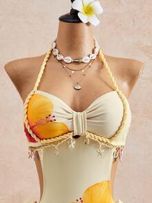 Swim SXY 26SS Spring/Summer Vacation Apricot Vintage Square Neck Slimming Braided Rope Starfish Shell Halter One-Piece Swimsuit With Matching Skirt 2 Pieces Set - Yellow - View 3