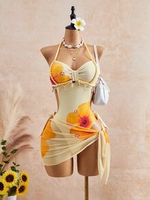 Swim SXY 26SS Spring/Summer Vacation Apricot Vintage Square Neck Slimming Braided Rope Starfish Shell Halter One-Piece Swimsuit With Matching Skirt 2 Pieces Set - Yellow - View 1