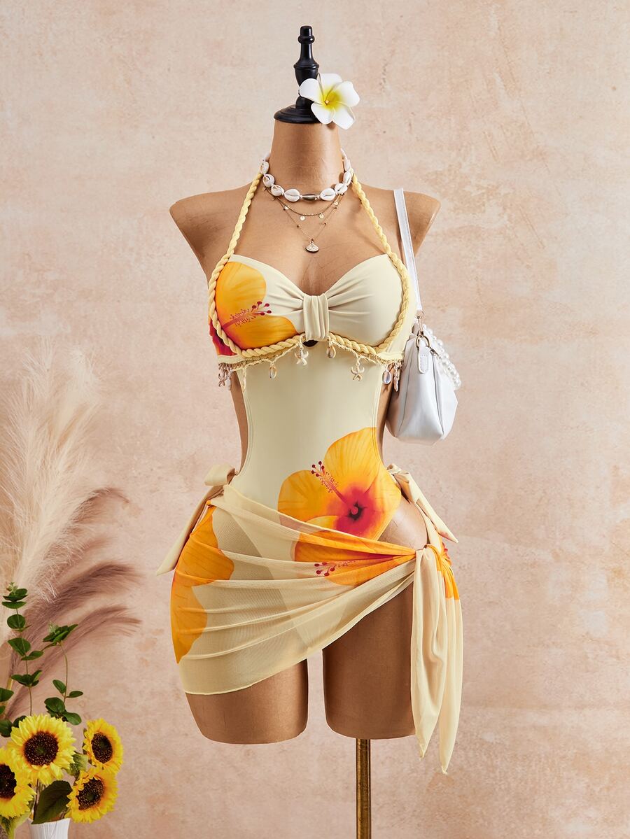 Swim SXY 26SS Spring/Summer Vacation Apricot Vintage Square Neck Slimming Braided Rope Starfish Shell Halter One-Piece Swimsuit With Matching Skirt 2 Pieces Set - Yellow - View 1
