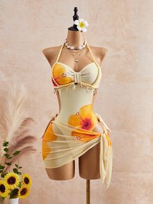 Swim SXY 26SS Spring/Summer Vacation Apricot Vintage Square Neck Slimming Braided Rope Starfish Shell Halter One-Piece Swimsuit With Matching Skirt 2 Pieces Set - Yellow - View 4