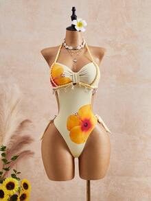 Swim SXY 26SS Spring/Summer Vacation Apricot Vintage Square Neck Slimming Braided Rope Starfish Shell Halter One-Piece Swimsuit With Matching Skirt 2 Pieces Set - Yellow - View 5
