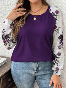 SHEIN CURVE+ 大尺碼拼色花卉印花插肩袖秋季T恤 - 彩色 - 查看 5