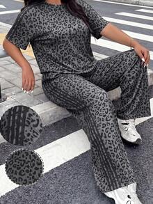 SHEIN EZwear Plus Size Women's Leopard Print Round Neck Short Sleeve T-Shirt And Long Pants Casual Cowboy Baggy 2 Pieces Set Vacation Birthday Grey Summer - Dark Grey - View 1