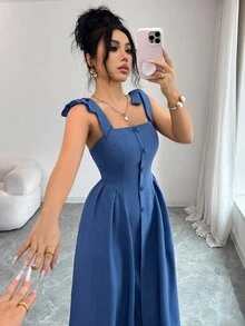 Elenzga 新款吊带纹理双色编织修身年轻优雅通勤百搭女长裙 - 藍色 - 查看 5