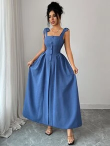 Elenzga 新款吊带纹理双色编织修身年轻优雅通勤百搭女长裙 - 藍色 - 查看 3