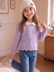 Young Girl Autumn/Winter Casual Colorblock Patchwork Collar Sweater Pullover - Mauve Purple - View 6