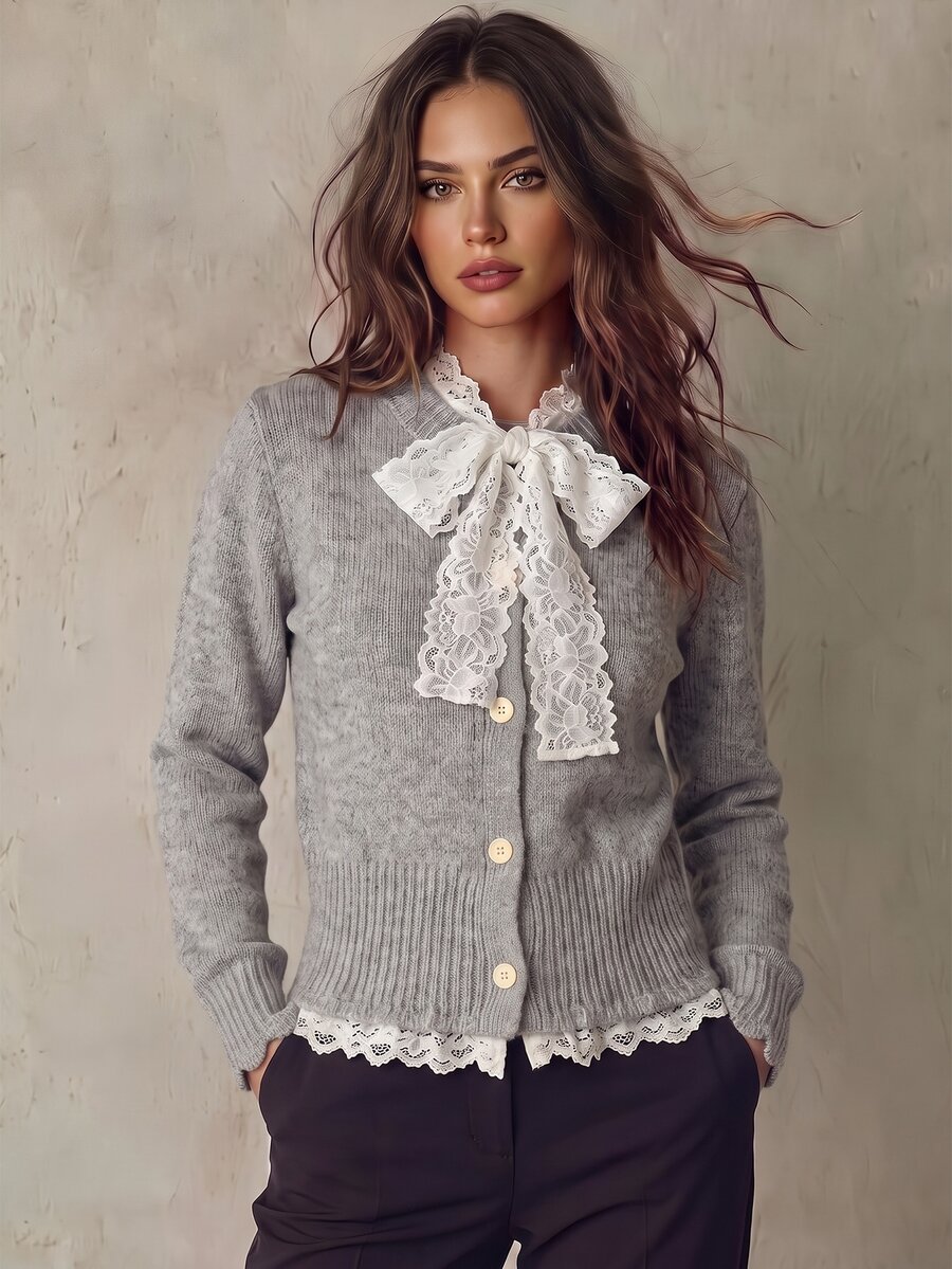 Franclia 时尚博主风系带透视宽松针织开衫,优雅欧式秋季休闲百搭气质都市教师职业装 - 淺灰色 - 查看 1