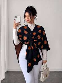 Elenzga 女款秋冬時尚優雅萬聖節南瓜刺繡披肩式寬鬆顯瘦大尺碼針織開襟外套上衣 - 黑色 - 查看 7