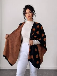 Elenzga 女款秋冬時尚優雅萬聖節南瓜刺繡披肩式寬鬆顯瘦大尺碼針織開襟外套上衣 - 黑色 - 查看 2