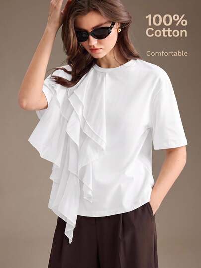 Ontre Kaos Wanita Hitam, Bahan Nyaman, Pas Badan, Leher Bulat, Bahu Sedikit Turun, Lengan Pendek, Hiasan Ruffle Berlapis-lapis di Bagian Depan, Bahan Tencel, Trim Ruffle, Serbaguna untuk Semua Musim, Mode Urban Modern, Pakaian Bisnis Kasual Kantor, Elegan, Mewah, Pakaian Perjalanan, Berkualitas Tinggi, Pakaian Bandara, Gaya Bohemian, Pakaian Liburan