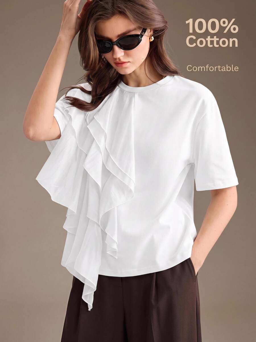 Ontre Women's White Fitted Round Neck Dropped Shoulder Short Sleeve Multi-Layer Ruffle Trim Tencel T-Shirt, Business Casual French Elegant Commute Summer - White - View 1