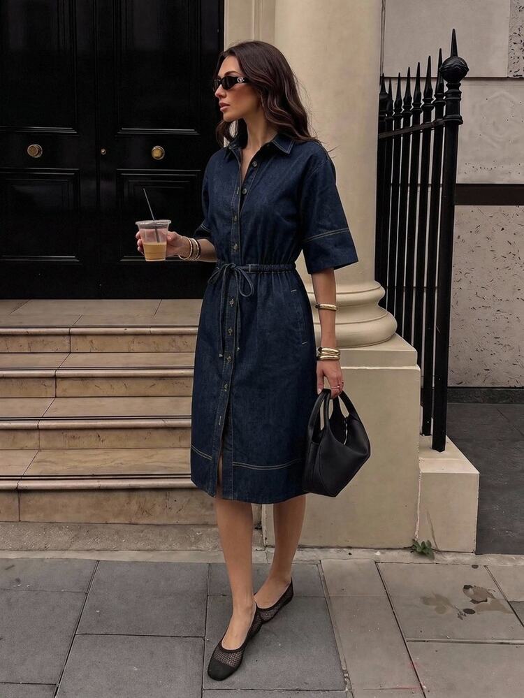 Firerie Women's Short Sleeve Single-Breasted Waist Tie Denim Shirt Dress Office Everyday Work Holiday Navy Blue Autumn Casual French Teacher Outfits - Dark Wash - View 6
