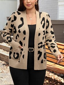 SHEIN LUNE Plus Size Leopard Print Knitted Cardigan With Pocket , Autumn/Winter Costumes For Woman Winter Going Out Elegant Modest For Women Costumes Cardigan - Brown - View 15