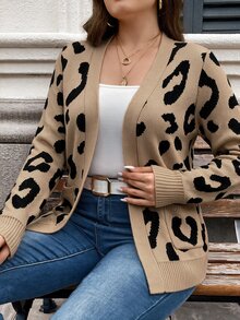 SHEIN LUNE Plus Size Leopard Print Knitted Cardigan With Pocket , Autumn/Winter Costumes For Woman Winter Going Out Elegant Modest For Women Costumes Cardigan - Brown - View 3