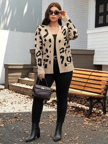 SHEIN LUNE Plus Size Leopard Print Knitted Cardigan With Pocket , Autumn/Winter Costumes For Woman Winter Going Out Elegant Modest For Women Costumes Cardigan - Brown - View 13