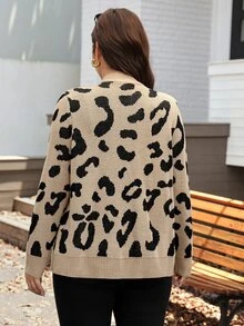 SHEIN LUNE Plus Size Leopard Print Knitted Cardigan With Pocket , Autumn/Winter Costumes For Woman Winter Going Out Elegant Modest For Women Costumes Cardigan - Brown - View 9