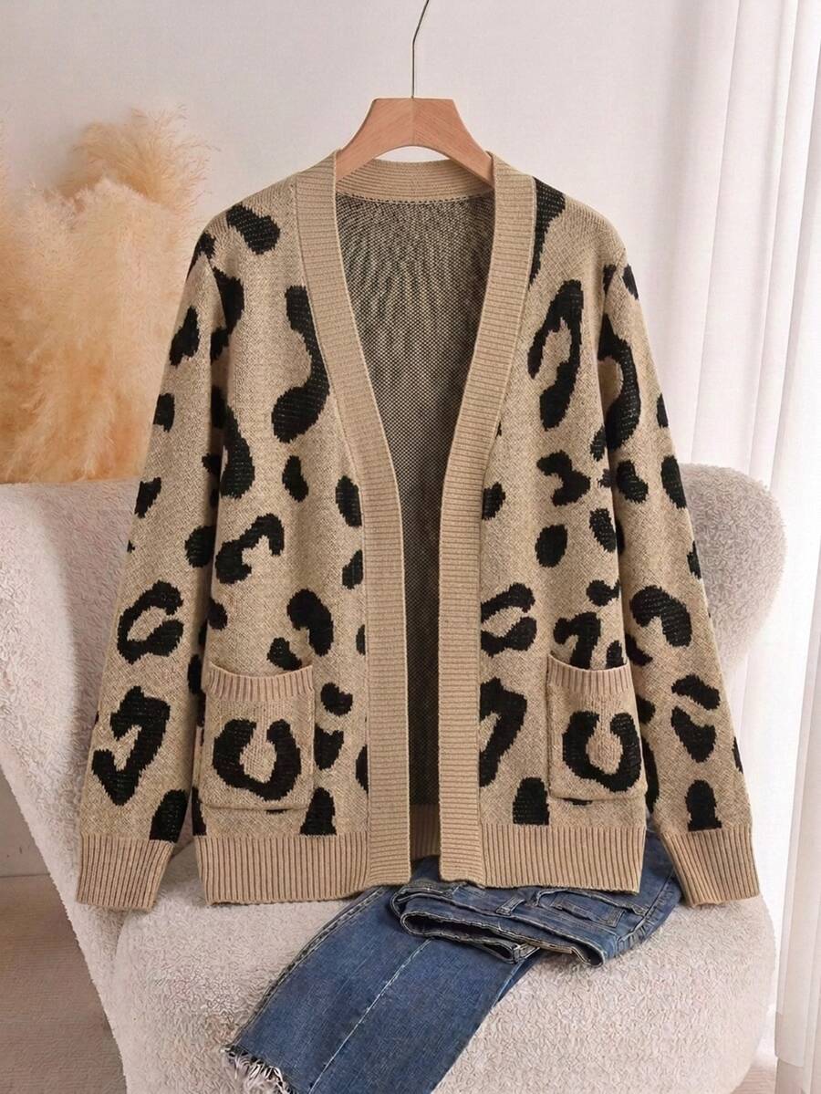 SHEIN LUNE Plus Size Leopard Print Knitted Cardigan With Pocket , Autumn/Winter Costumes For Woman Winter Going Out Elegant Modest For Women Costumes Cardigan - Brown - View 1
