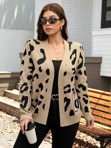 SHEIN LUNE Plus Size Leopard Print Knitted Cardigan With Pocket , Autumn/Winter Costumes For Woman Winter Going Out Elegant Modest For Women Costumes Cardigan - Brown - View 14