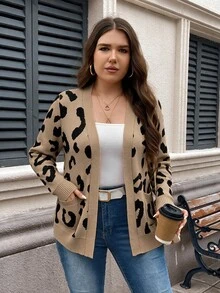 SHEIN LUNE Plus Size Leopard Print Knitted Cardigan With Pocket , Autumn/Winter Costumes For Woman Winter Going Out Elegant Modest For Women Costumes Cardigan - Brown - View 5