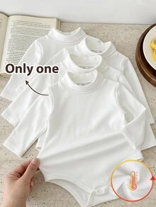 SHEIN 女嬰男嬰針織素色高領抓絨內裡基礎休閒款秋季連身衣 - 白色 - 查看 1