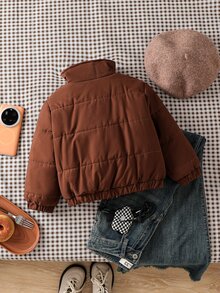 SHEIN Elladie kids 1件女童幼兒冬季極簡時尚休閒棕色立領拉鍊加厚填充外套，對比色內裡下擺彈性袖口，適合旅行、上學、日常穿著，適用秋冬 - 棕色 - 查看 4