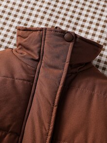 SHEIN Elladie kids 1件女童幼兒冬季極簡時尚休閒棕色立領拉鍊加厚填充外套，對比色內裡下擺彈性袖口，適合旅行、上學、日常穿著，適用秋冬 - 棕色 - 查看 6