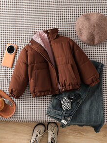 SHEIN Elladie kids 1件女童幼兒冬季極簡時尚休閒棕色立領拉鍊加厚填充外套，對比色內裡下擺彈性袖口，適合旅行、上學、日常穿著，適用秋冬 - 棕色 - 查看 5