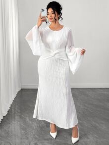 Elenzga Women's Plus Size White Flared Dress, Long Sleeve, Round Neck, Twisted Fish Tail Hemline Fall - White - View 4